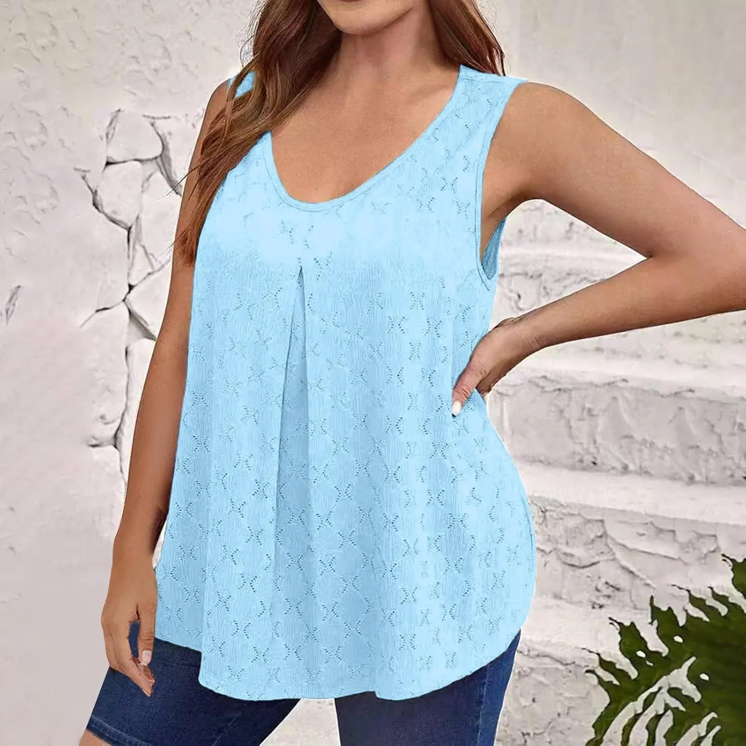 Oplxuo Plus Size Tank Tops for Women Loose Fit Flowy Sleeveless Scoop Neck Tunic Tops 2025 Fashion Summer Eyelet Shirts