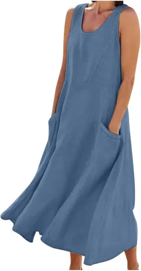 Plus Size Summer Dresses for Women Casual Sleeveless Linen Tank Dress 2025 Solid Beach Sun Dresses with Pockets
