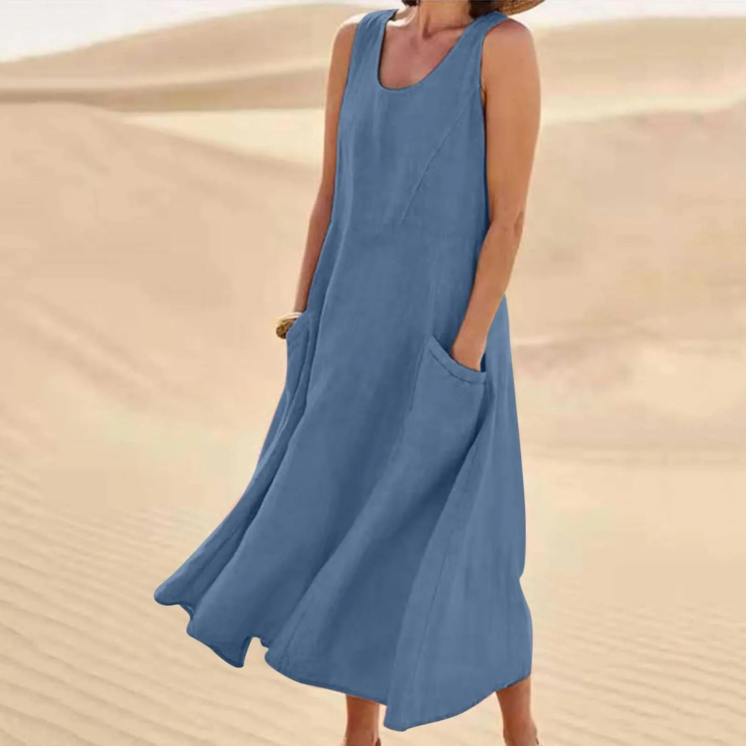 Plus Size Summer Dresses for Women Casual Sleeveless Linen Tank Dress 2025 Solid Beach Sun Dresses with Pockets