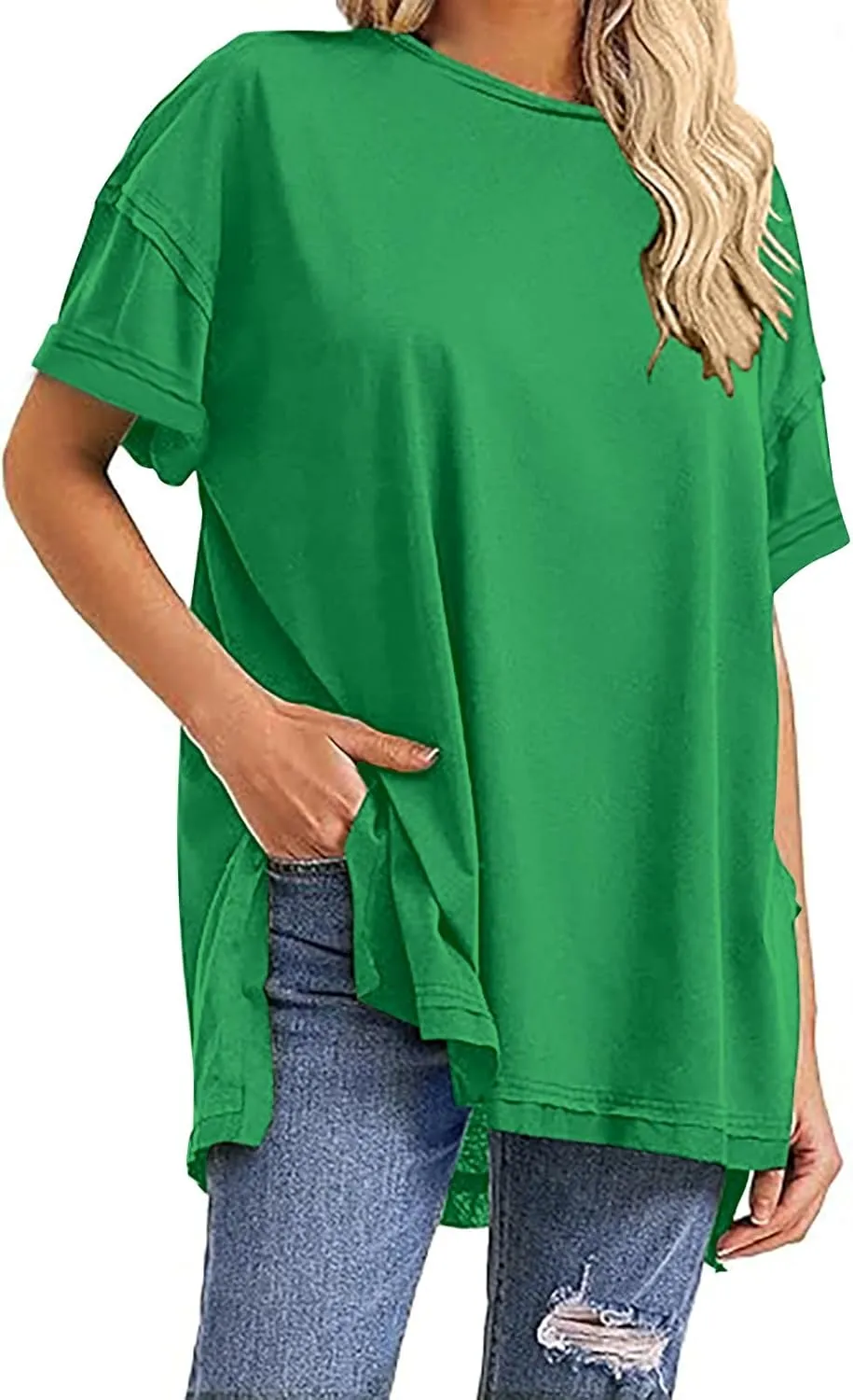 Plus Size Tops for Women Dressy Short Sleeve Split Oversized T-Shirts Casual Oversized Round Neck Tunic Shirt S-2XL