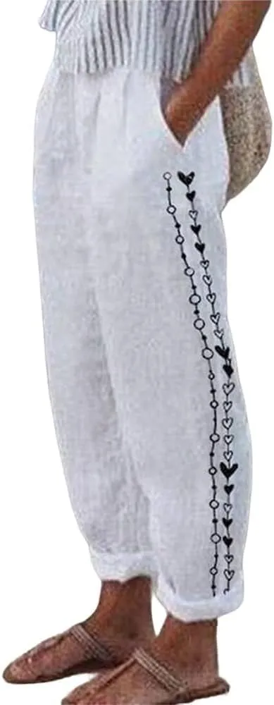 TIAFORD Women's Cotton Linen Floral Printed Pants Casual Elastic Waist Crop Trousers with Pockets