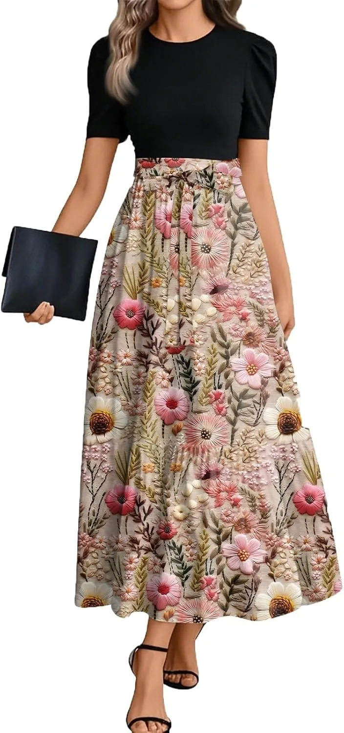 Vacation Dresses for Women 2025 Casual Loose Trendy Short Sleeve Crewneck Floral Print Boho Maxi Dress, S-2XL