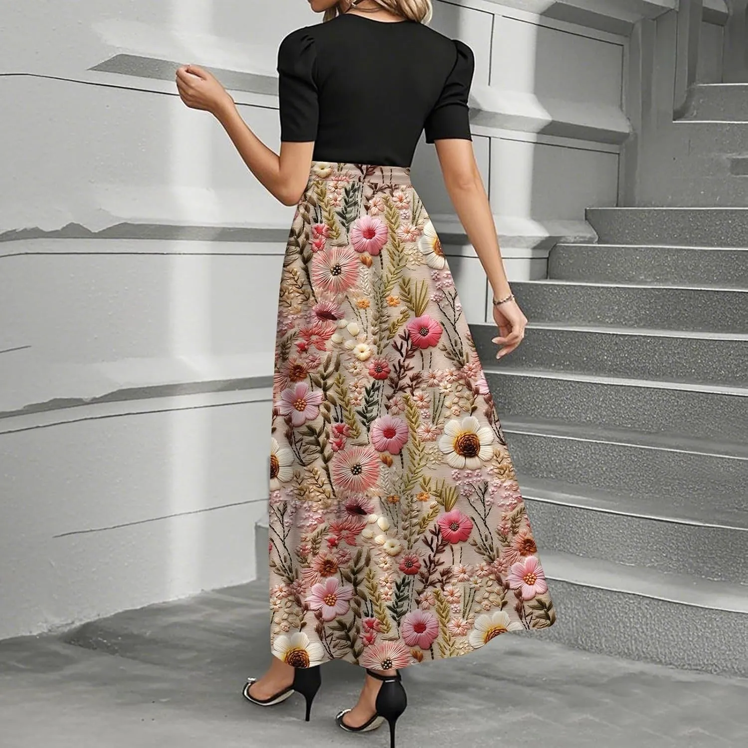 Vacation Dresses for Women 2025 Casual Loose Trendy Short Sleeve Crewneck Floral Print Boho Maxi Dress, S-2XL