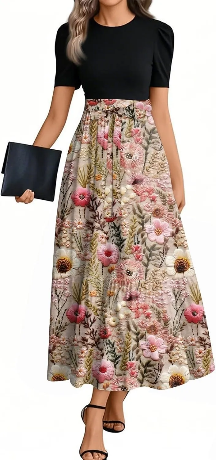 Vacation Dresses for Women 2025 Casual Loose Trendy Short Sleeve Crewneck Floral Print Boho Maxi Dress, S-2XL