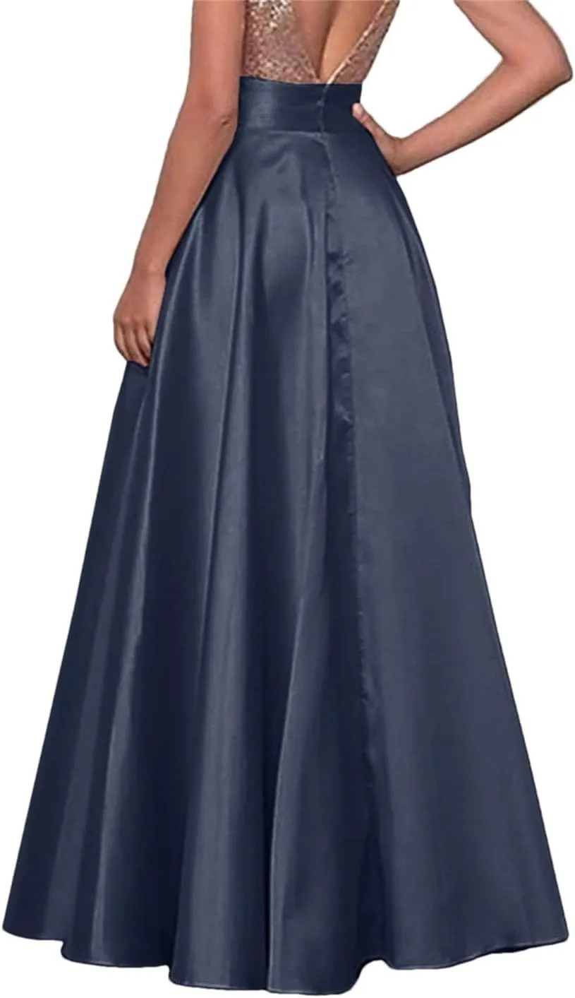 Women Bohemian Satin Silk Long Skirts Cotton Solid Loose Elastic Waist Oversized Casual Skirts