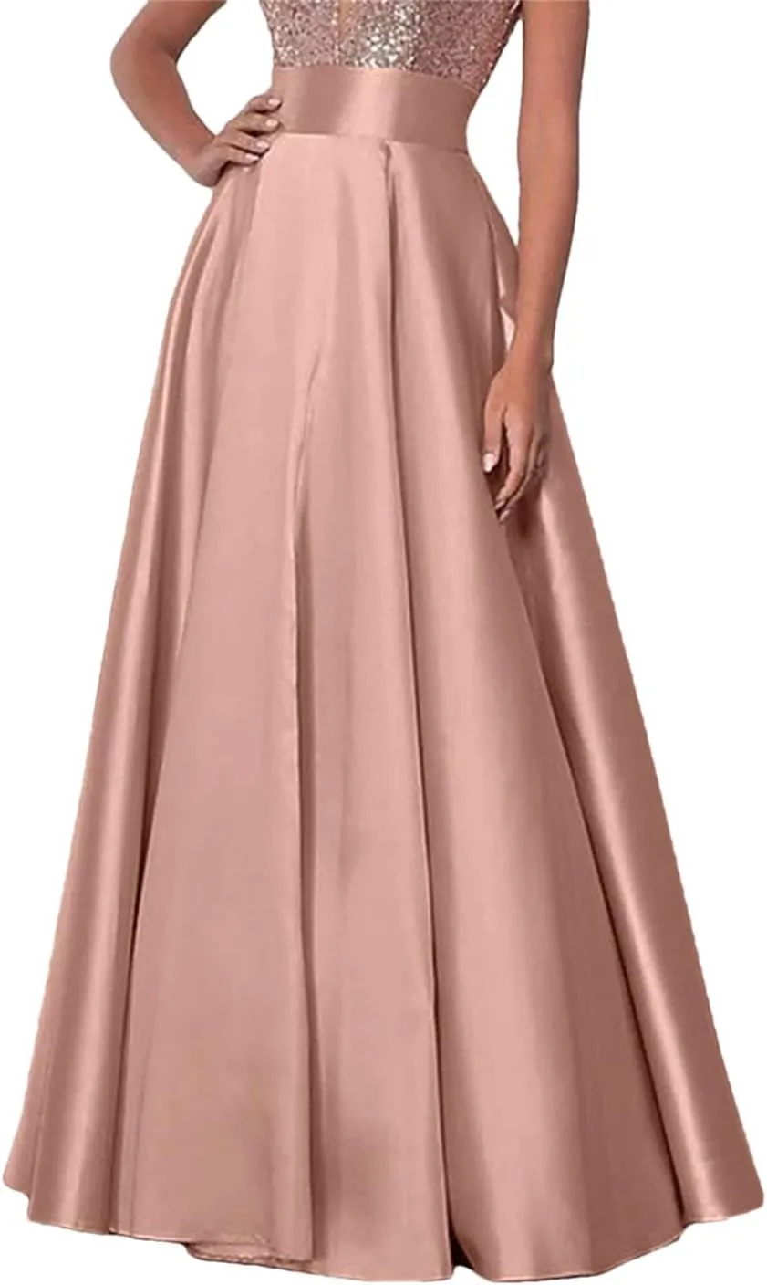 Women Bohemian Satin Silk Long Skirts Cotton Solid Loose Elastic Waist Oversized Casual Skirts
