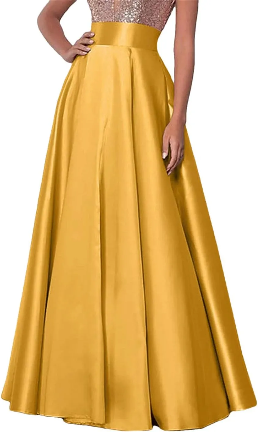 Women Bohemian Satin Silk Long Skirts Cotton Solid Loose Elastic Waist Oversized Casual Skirts