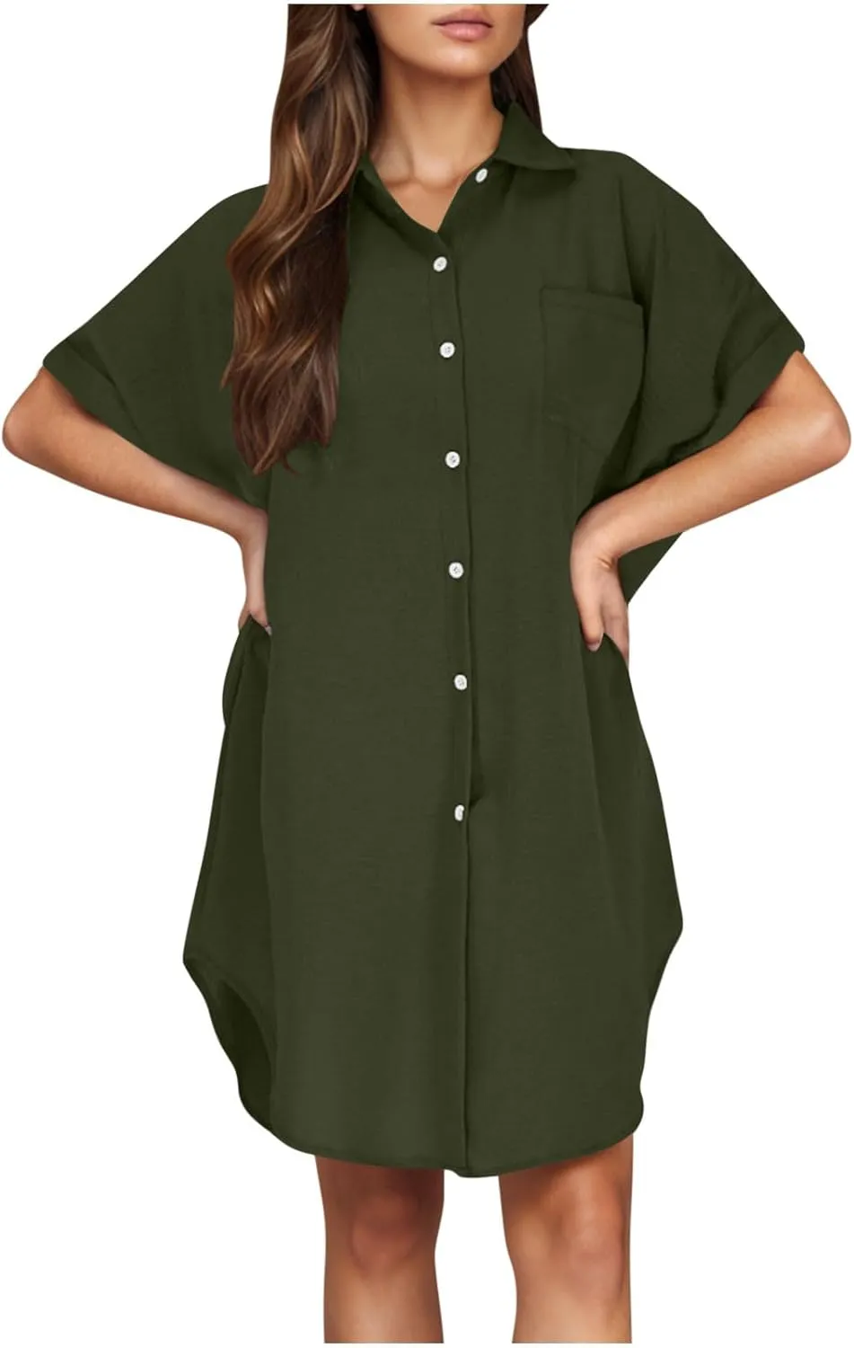 Womens Button Down Shirt Dress Summer Cotton Linen Short Sleeve Mini Shift Dress Beach Cover Up Loose Tunic Dresses