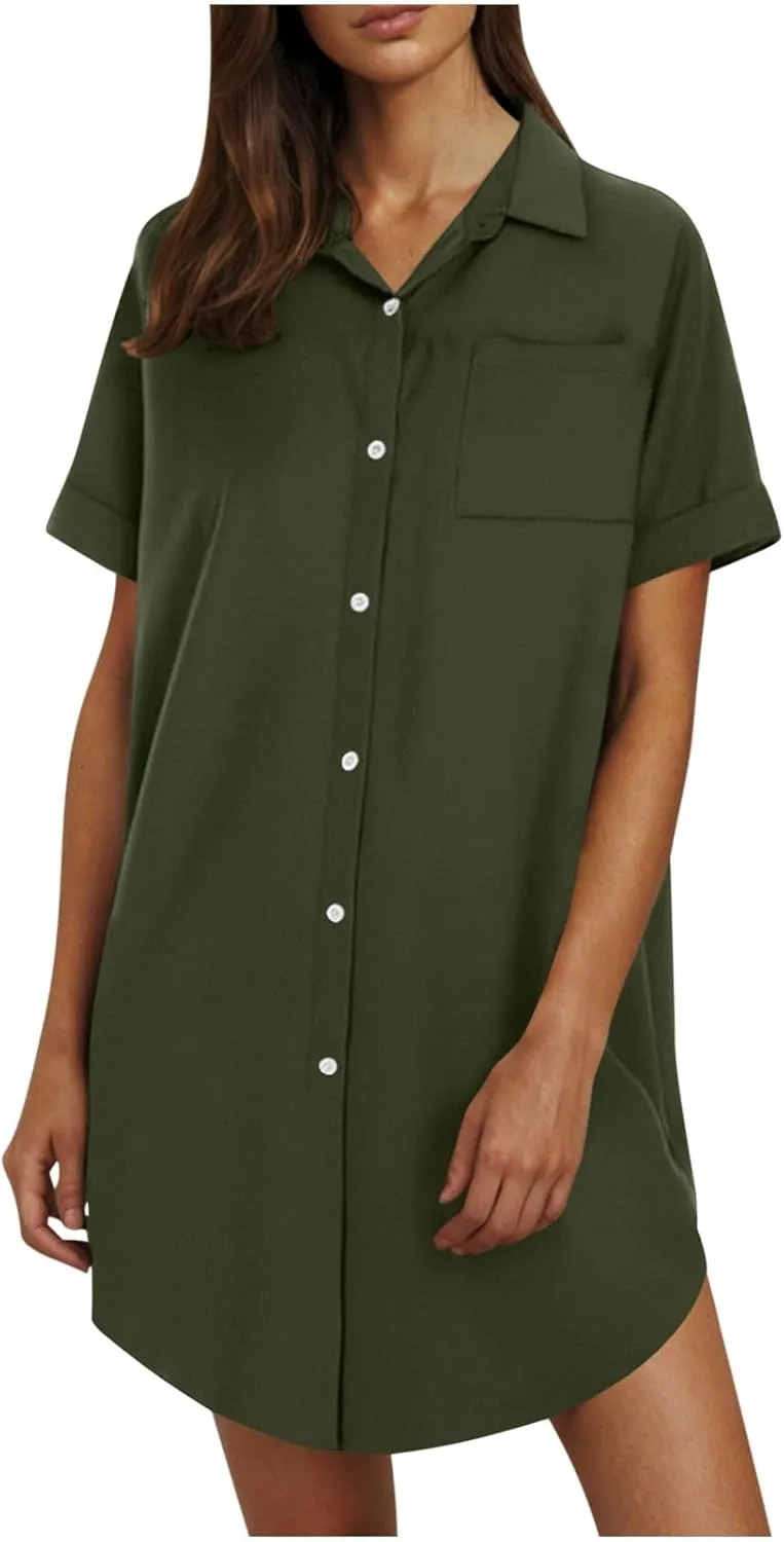 Womens Button Down Shirt Dress Summer Cotton Linen Short Sleeve Mini Shift Dress Beach Cover Up Loose Tunic Dresses