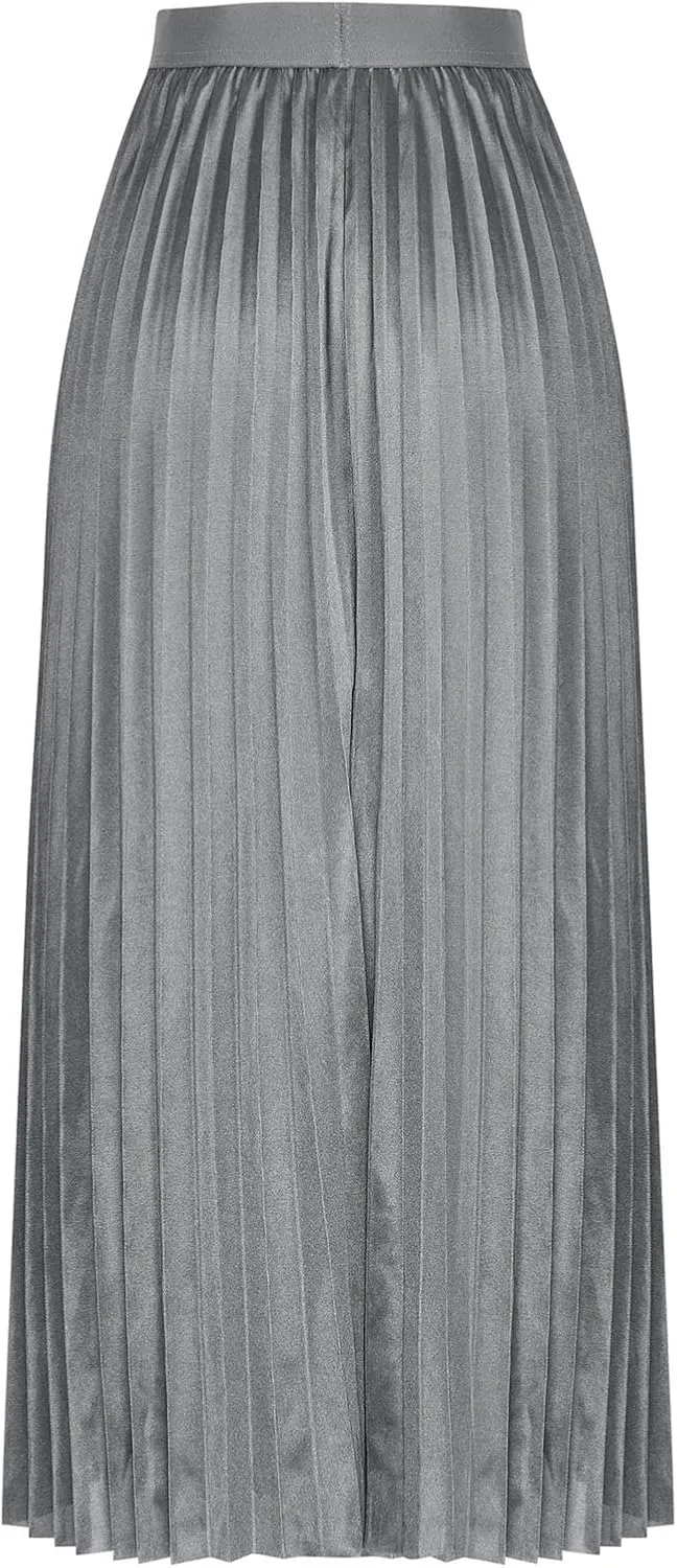 Womens Elastic High Waist Flowy Pleated Skirt Swing A-line Beach Maxi Skirts Business Casual Outfits Elegant Dress