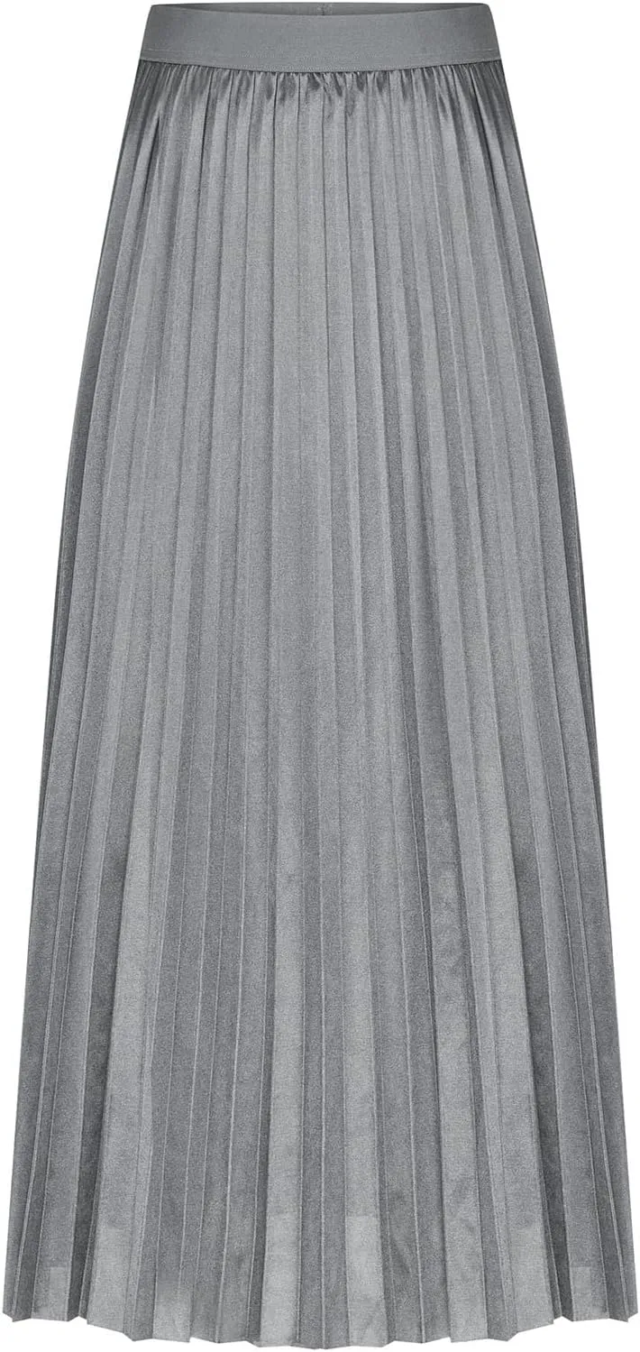 Womens Elastic High Waist Flowy Pleated Skirt Swing A-line Beach Maxi Skirts Business Casual Outfits Elegant Dress