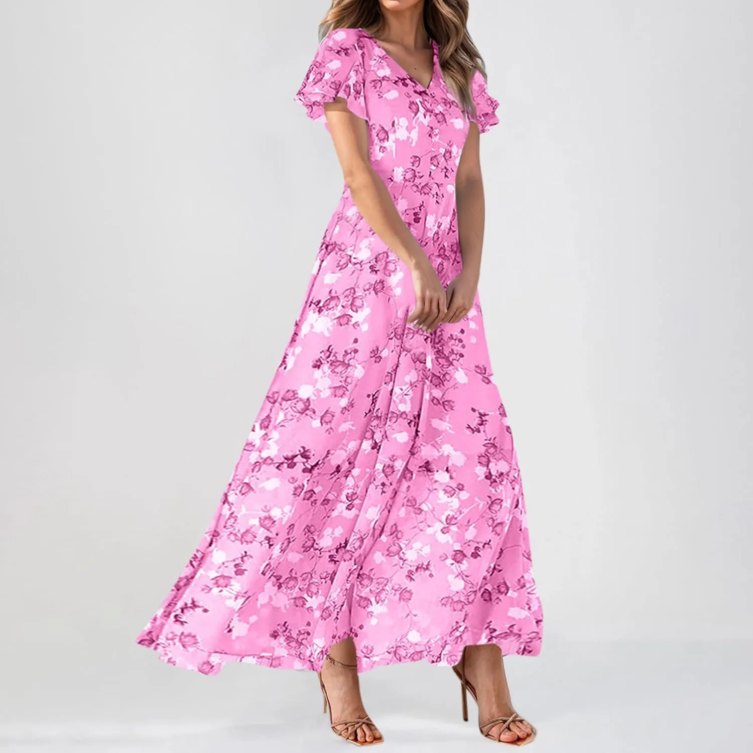 Womens Floral Maxi Dresses Casual Summer Ruffle Sleeve V Neck Dress Trendy Flowy Wrap Long Dress Chiffon Beach Dresses