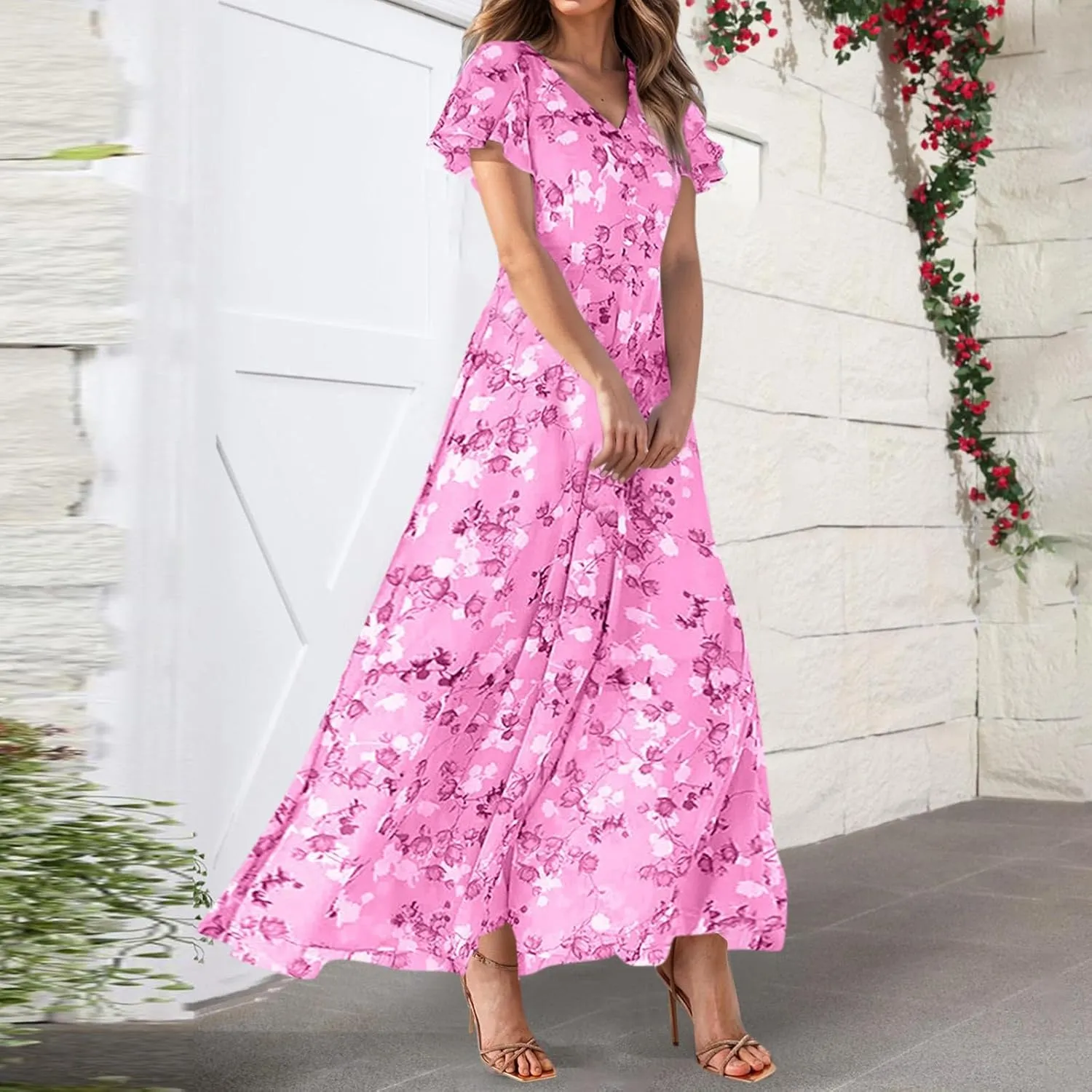 Womens Floral Maxi Dresses Casual Summer Ruffle Sleeve V Neck Dress Trendy Flowy Wrap Long Dress Chiffon Beach Dresses