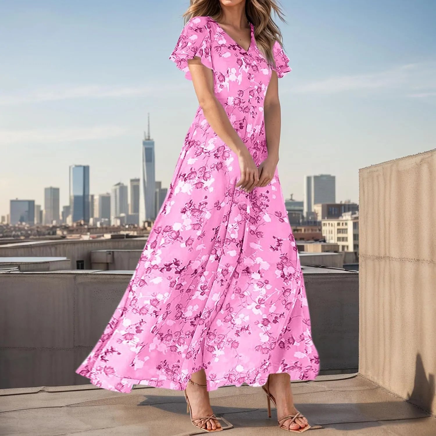 Womens Floral Maxi Dresses Casual Summer Ruffle Sleeve V Neck Dress Trendy Flowy Wrap Long Dress Chiffon Beach Dresses