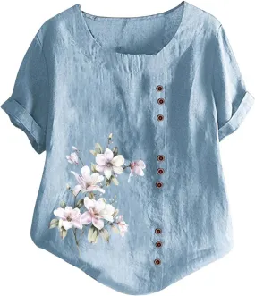 Women's Floral Printed Cotton Linen Short Sleeve Tops Summer Vintage Casual Plus Size Tunic Comfy Loose Fit Tshirts