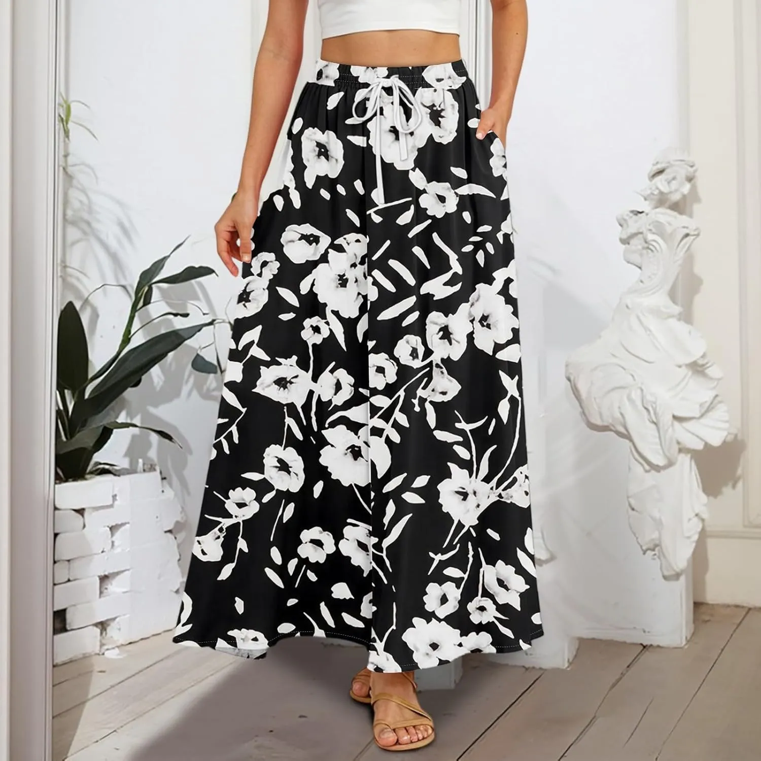 Women's Flowy Maxi Skirt Summer High Waisted Pleated tie Casual Long Skirts with Pockets, S-2XL