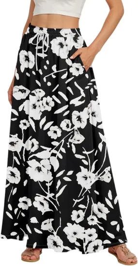 Women's Flowy Maxi Skirt Summer High Waisted Pleated tie Casual Long Skirts with Pockets, S-2XL
