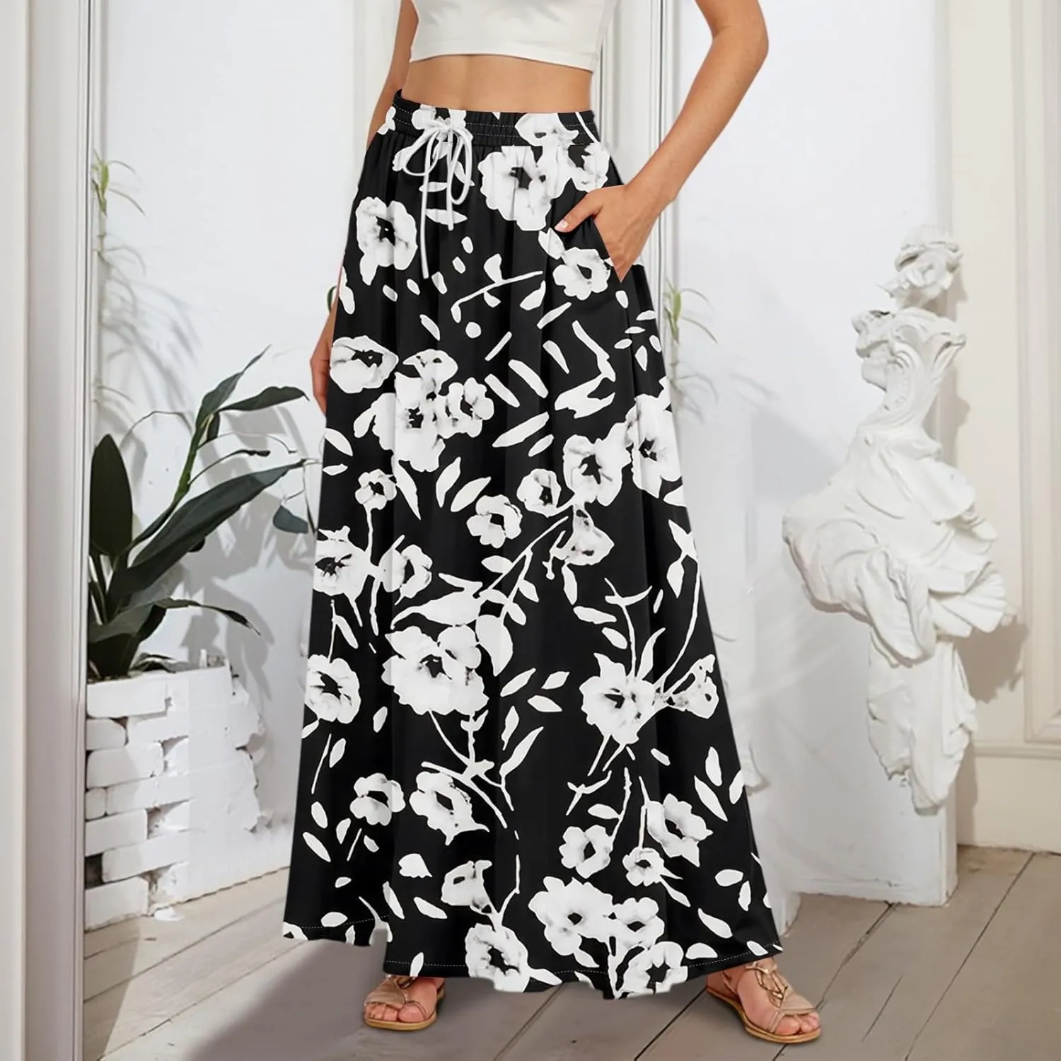 Women's Flowy Maxi Skirt Summer High Waisted Pleated tie Casual Long Skirts with Pockets, S-2XL