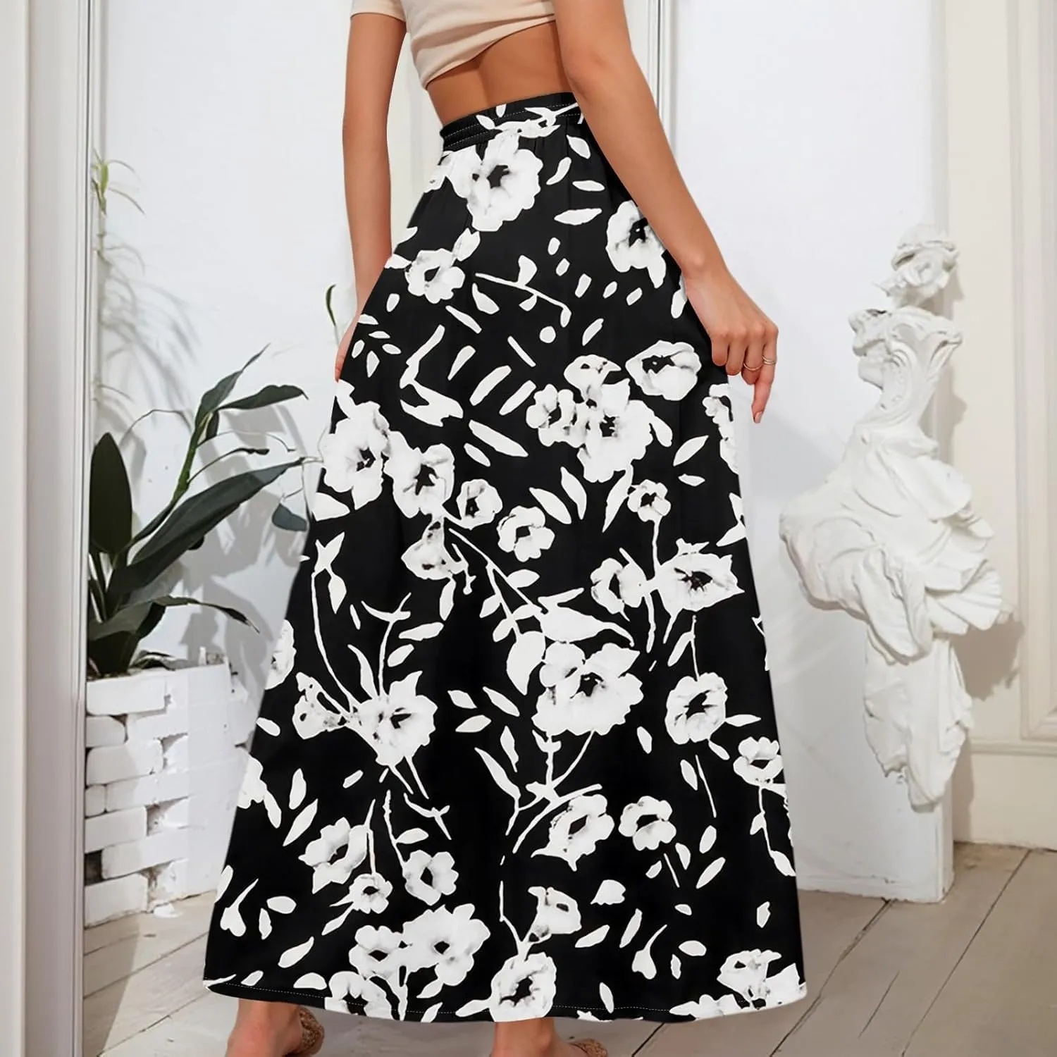 Women's Flowy Maxi Skirt Summer High Waisted Pleated tie Casual Long Skirts with Pockets, S-2XL