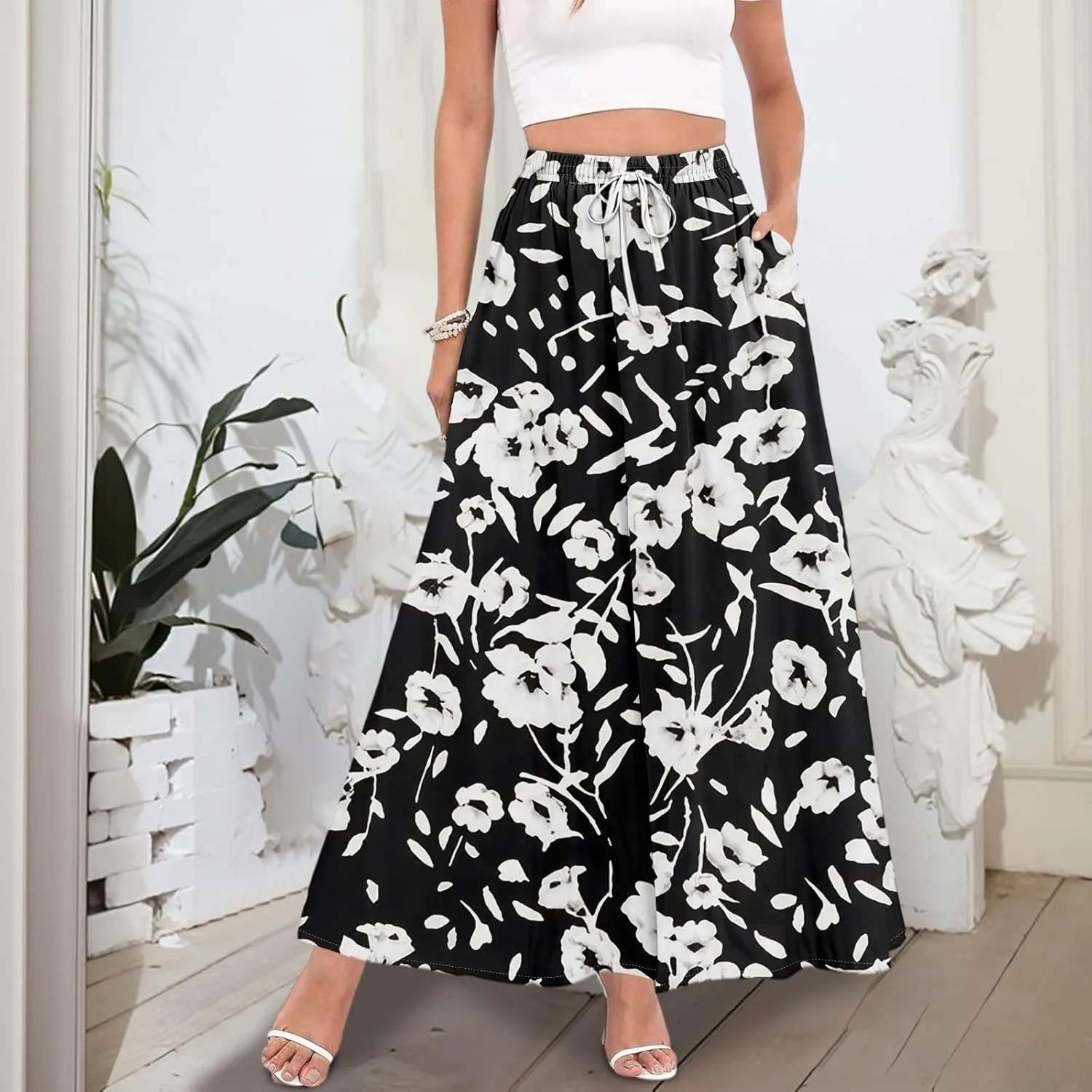 Women's Flowy Maxi Skirt Summer High Waisted Pleated tie Casual Long Skirts with Pockets, S-2XL
