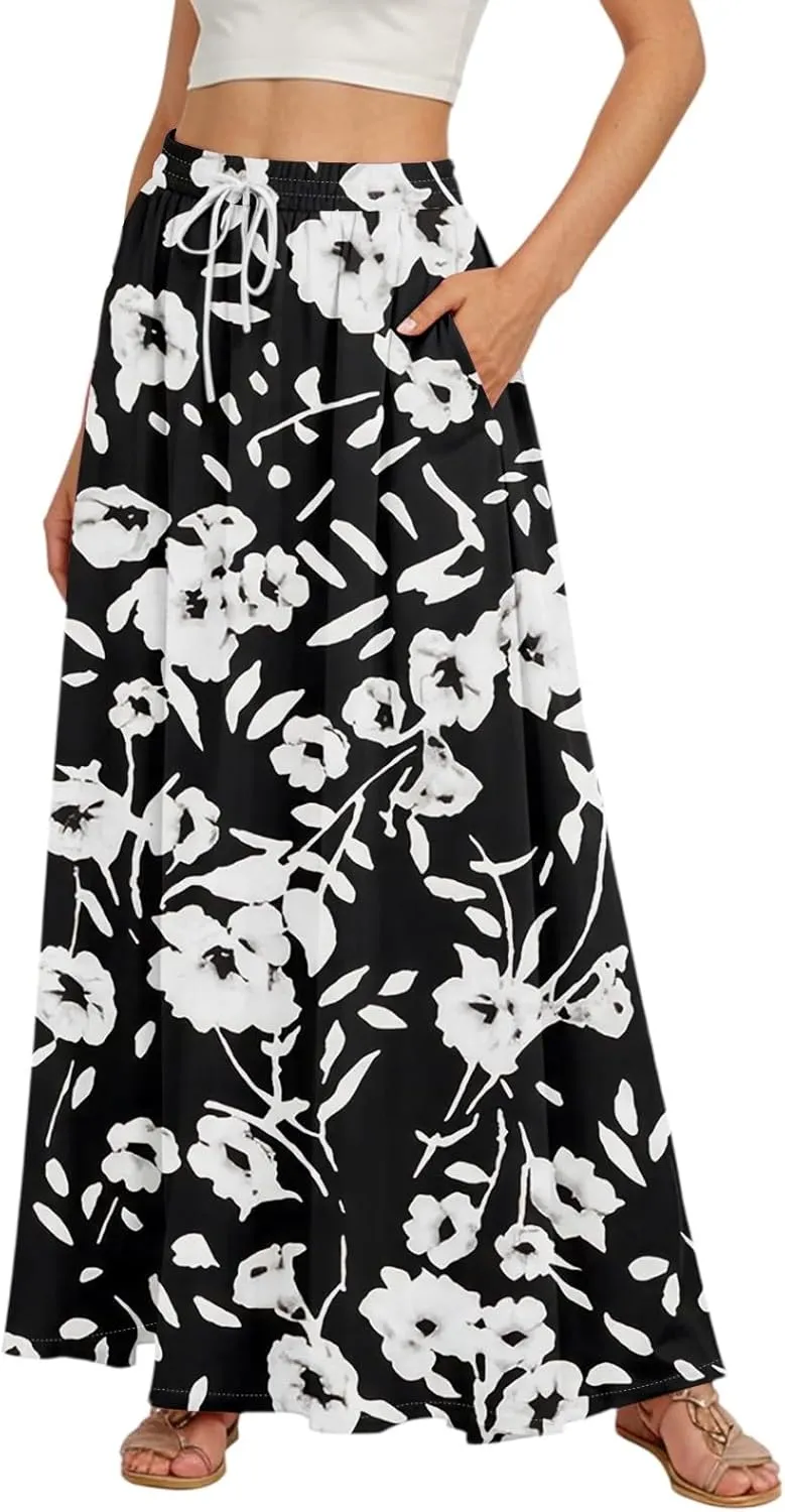 Women's Flowy Maxi Skirt Summer High Waisted Pleated tie Casual Long Skirts with Pockets, S-2XL