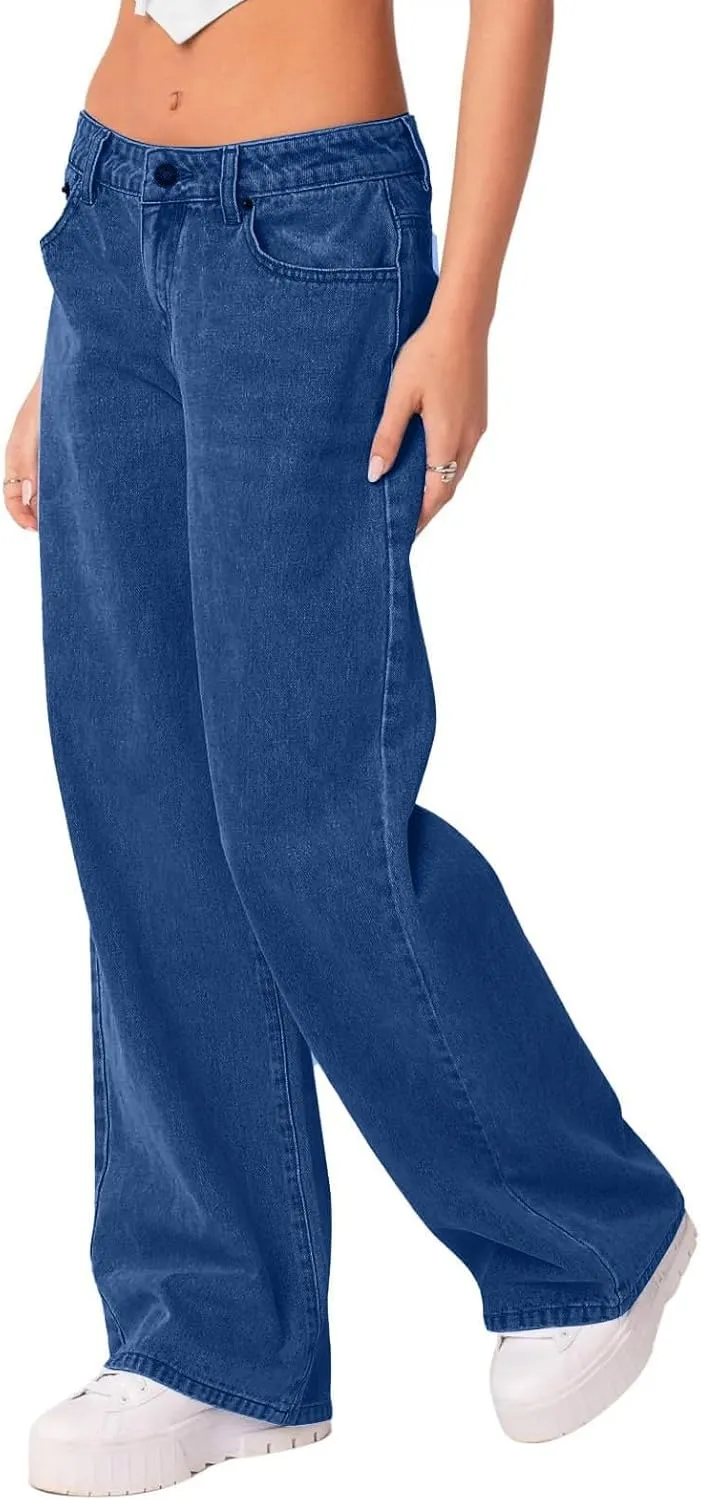 Womens Plus Size Straight Leg Jeans Trendy Boyfriend Stretchy Jeans Button Baggy Denim Jeans with Pockets