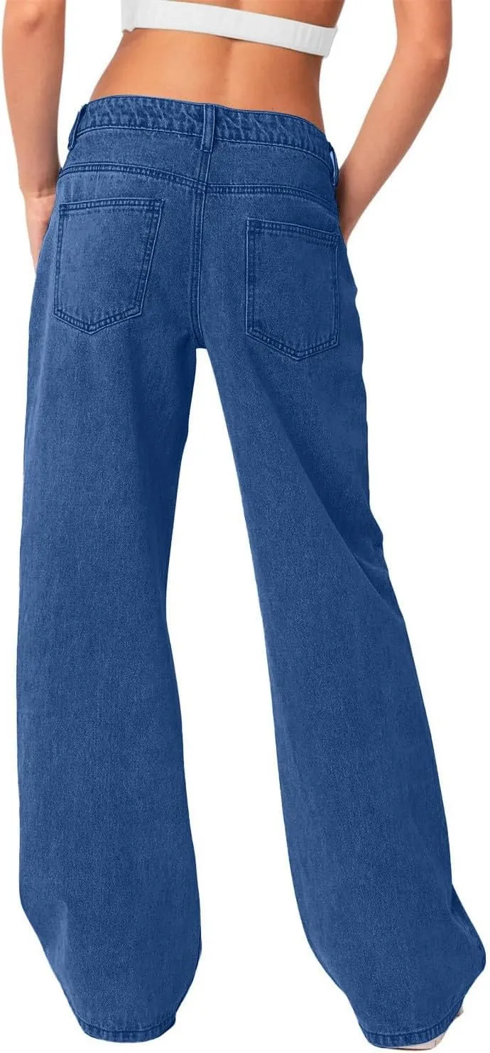 Womens Plus Size Straight Leg Jeans Trendy Boyfriend Stretchy Jeans Button Baggy Denim Jeans with Pockets