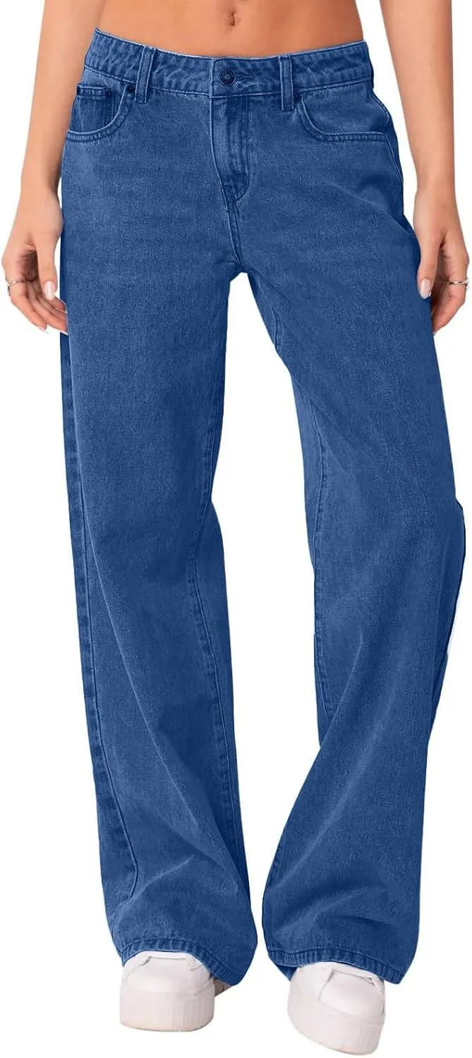 Womens Plus Size Straight Leg Jeans Trendy Boyfriend Stretchy Jeans Button Baggy Denim Jeans with Pockets