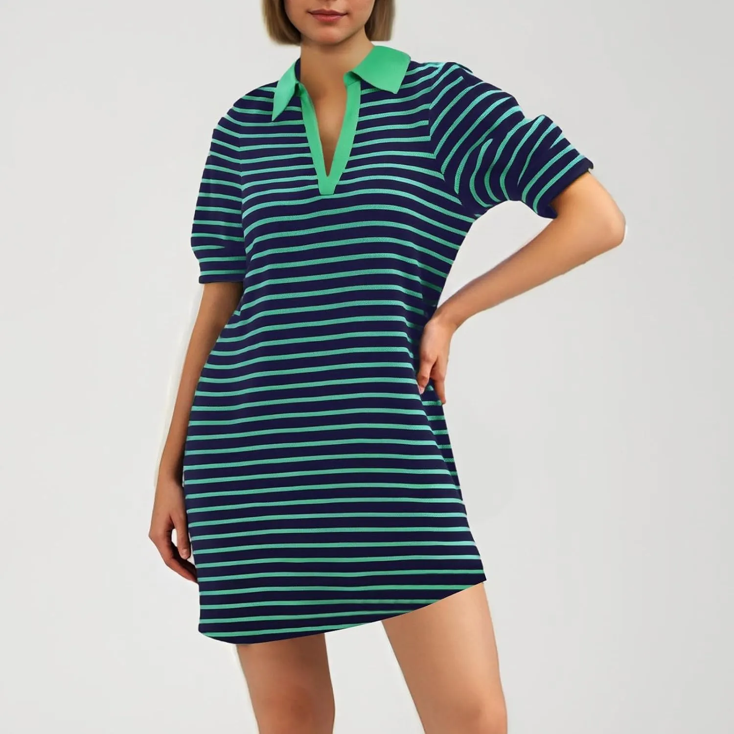 Women's Summer Lapel Collared V Neck Striped Dress Casual Loose Puff Short Sleeve Midi T Shirt Dresses 2025