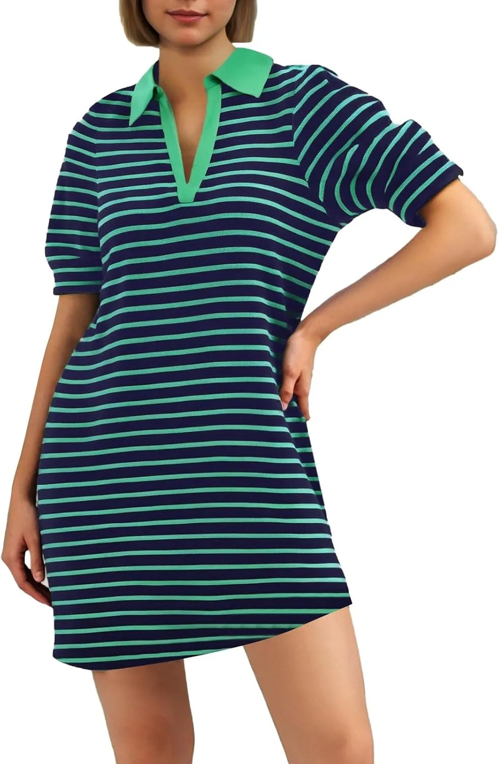 Women's Summer Lapel Collared V Neck Striped Dress Casual Loose Puff Short Sleeve Midi T Shirt Dresses 2025