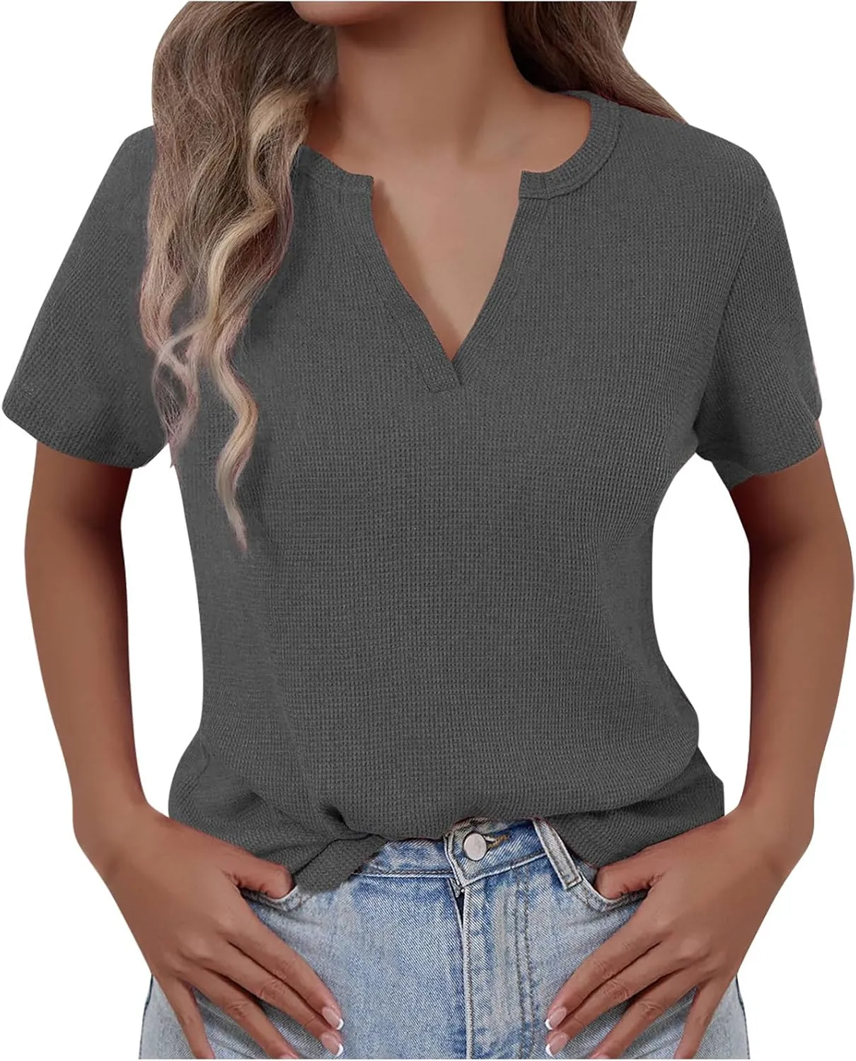 Womens Waffle T-Shirts Slim Fit V Neck Blouses 2025 Summer Short Sleeve Pullover Tees Basic Bottoming Tops