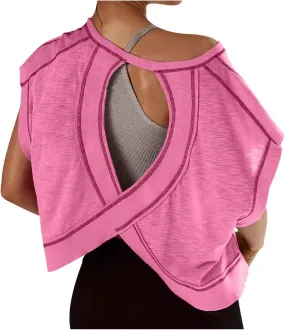 Workout Tops for Women Open Back Athletic Shirts Casual Short Sleeve Round Neck Backless Running Yoga Shirt Crop Top
