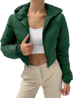 XUETON Womens Winter Long Sleeve Zip Up Cropped Puffer Down Jackets Padding Warm Baggy Loose Quilted Short Down Hooded Coat with Pockets