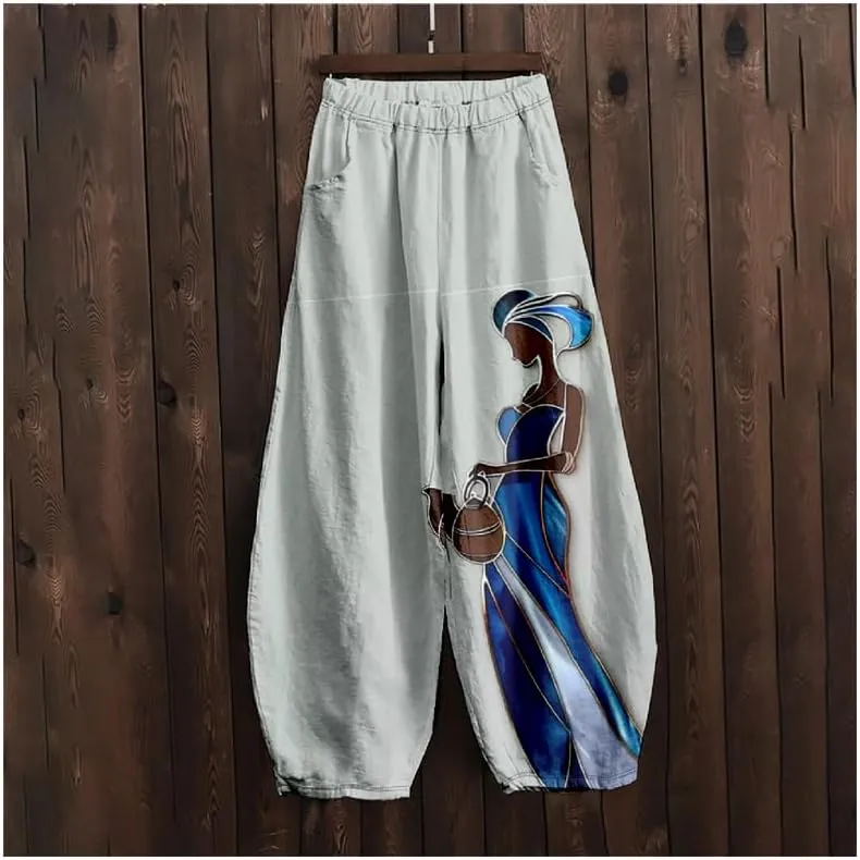 ZOCAVIA Womens Aztec Print Lantern Pants Western Causal Cotton Linen Wide Leg Pants Waist Elastic Hippie Trouser with Pockets
